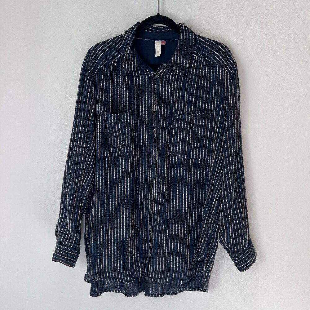 Anthropologie Pilcro Blue Striped Oversized  Blue Shirt Large Wool Blend Boho